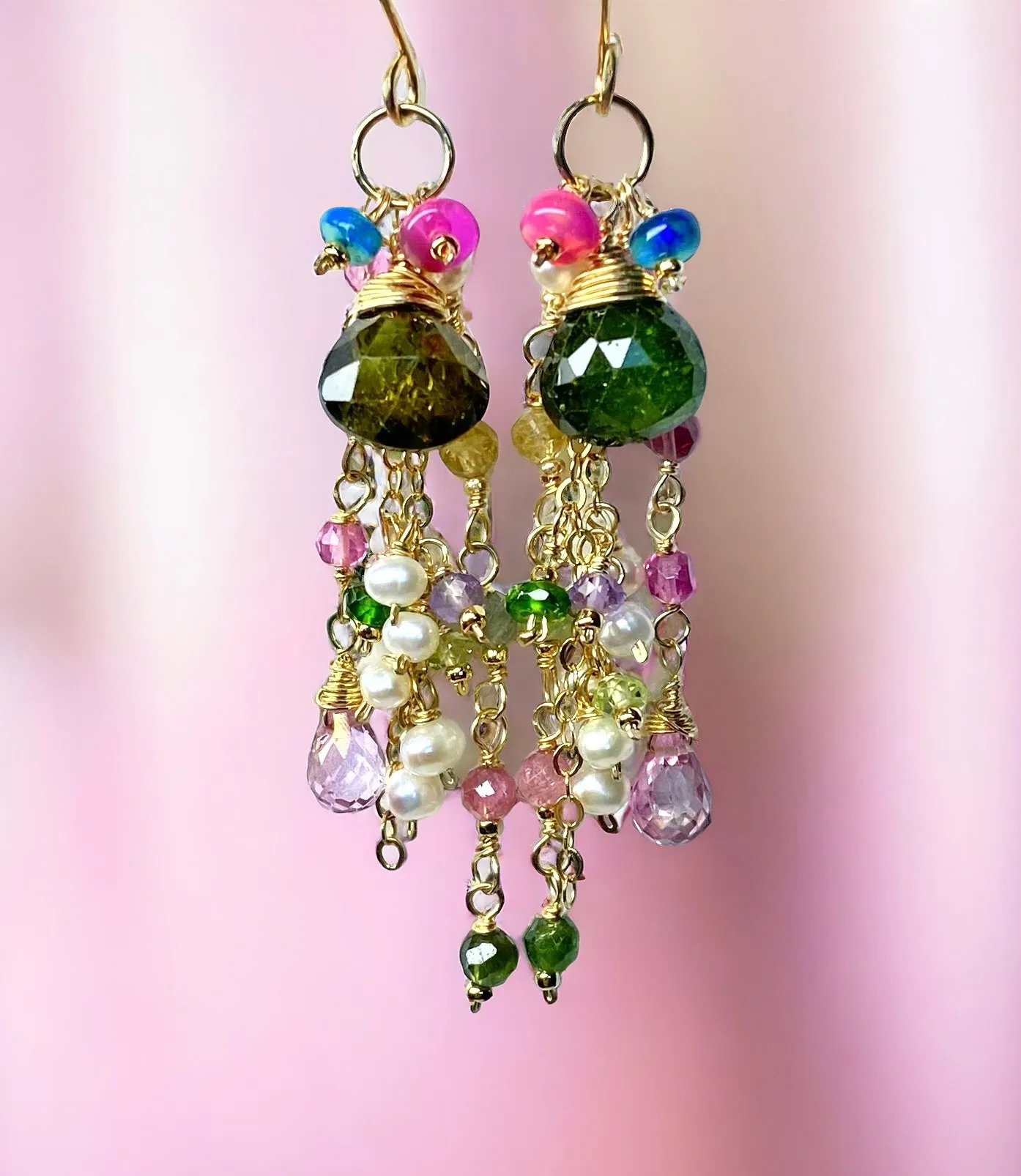 Green Tourmaline Gemstone Gold Fill Long Boho Dangle Earrings