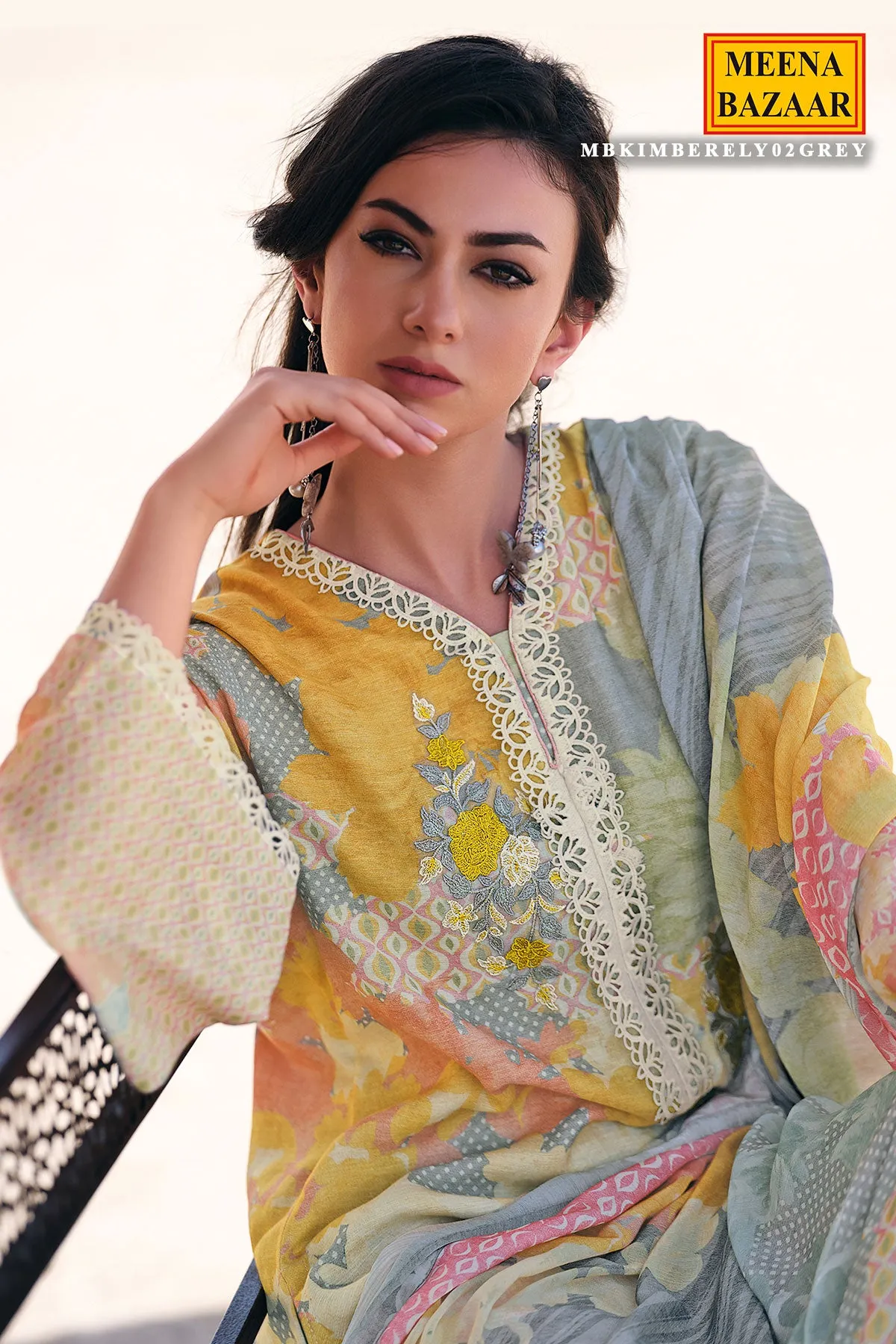 Grey Cotton Floral Printed Unstitched Suit