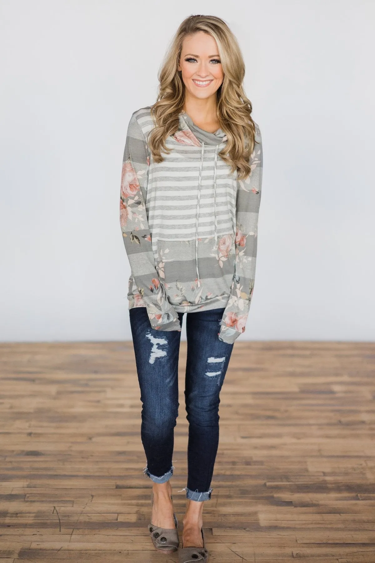 Grey floral & Stripes Cowl Neck Top