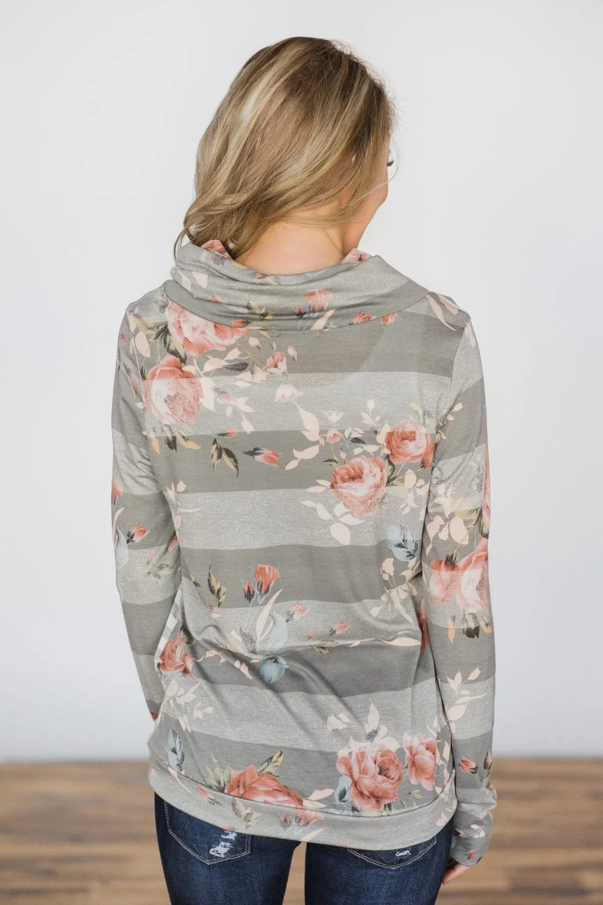 Grey floral & Stripes Cowl Neck Top