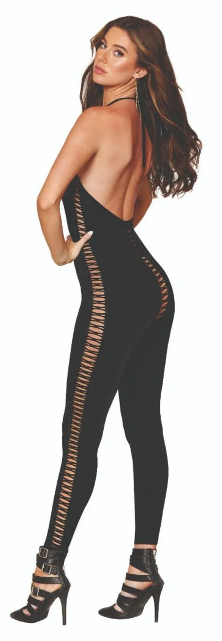 Halter Catsuit Bodystocking with Crisscross Detailing