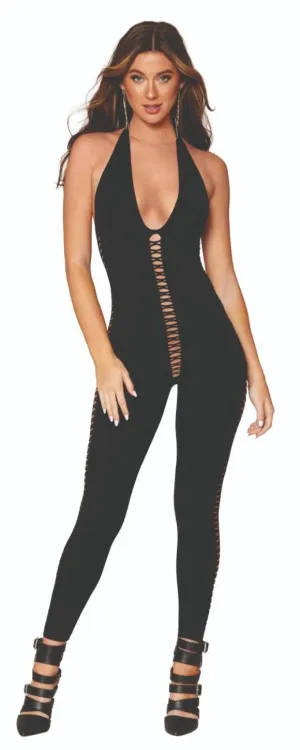 Halter Catsuit Bodystocking with Crisscross Detailing