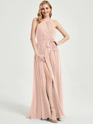 Halter Neck Slit Wrap Pearl Pink Chiffon Bridesmaid Dress Floor Length
