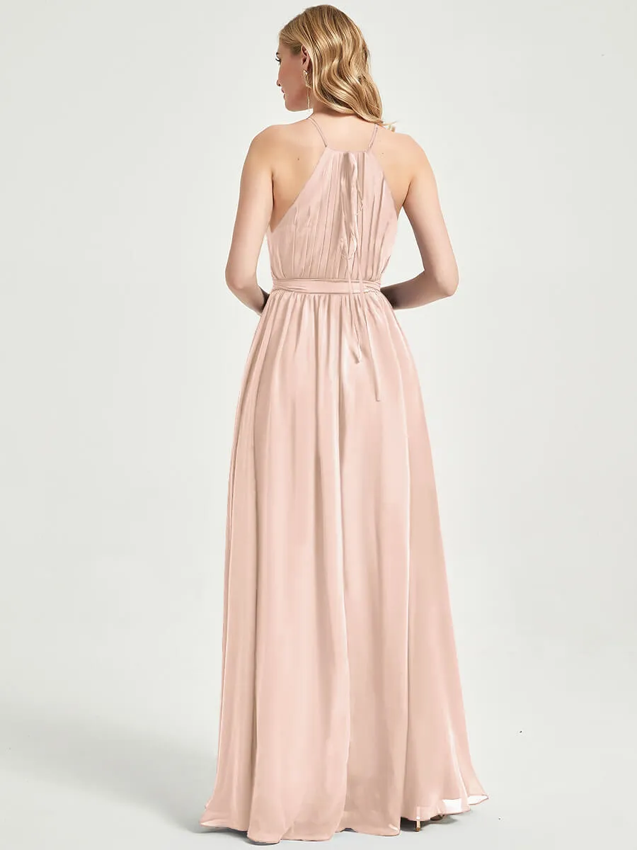 Halter Neck Slit Wrap Pearl Pink Chiffon Bridesmaid Dress Floor Length