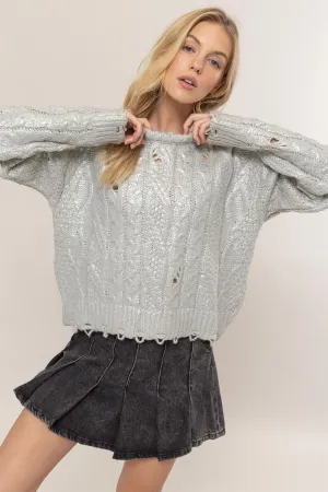 Hazel Blues® |  HYFVE Distressed Cable-Knit Round Neck Long Sleeve Sweater
