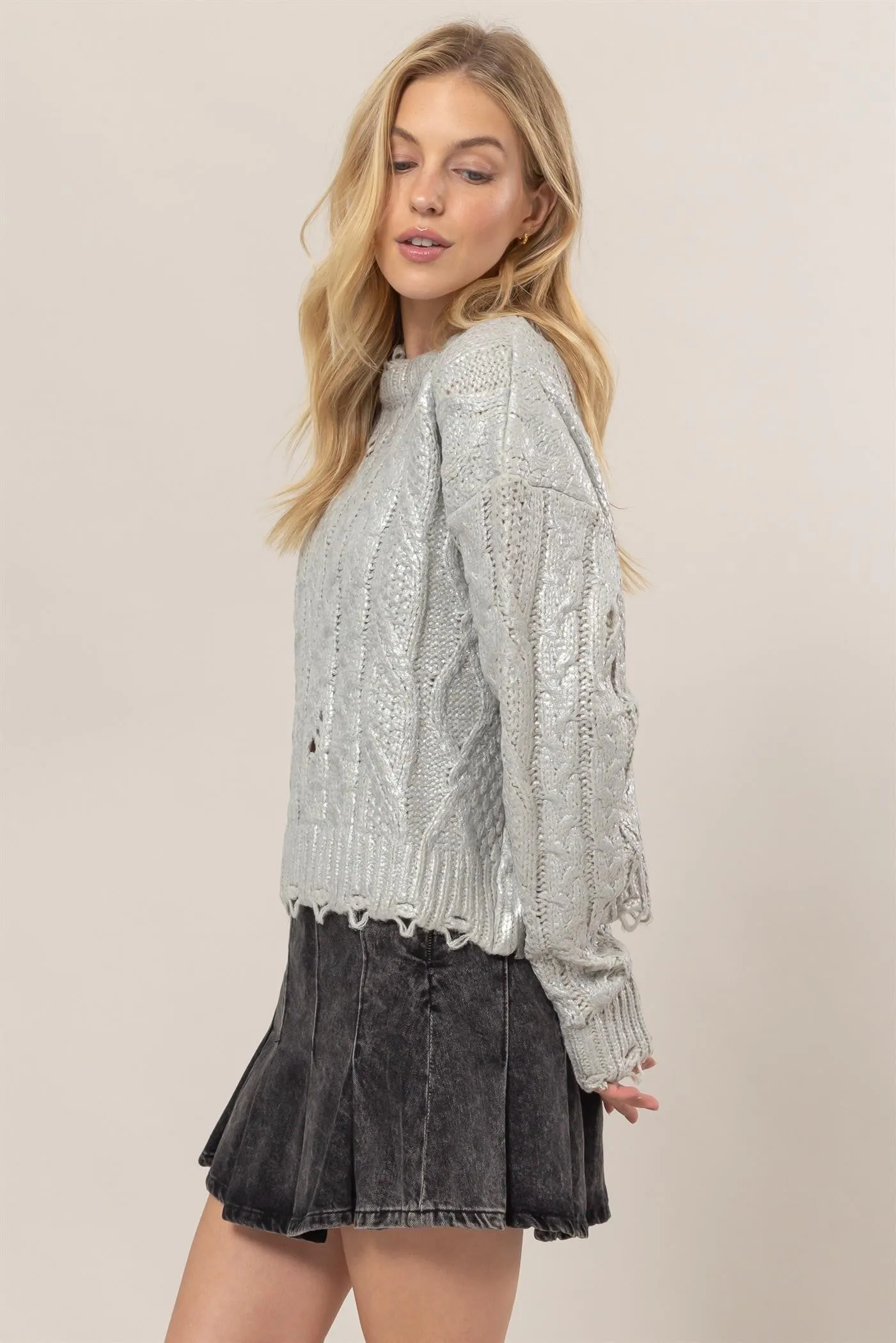 Hazel Blues® |  HYFVE Distressed Cable-Knit Round Neck Long Sleeve Sweater