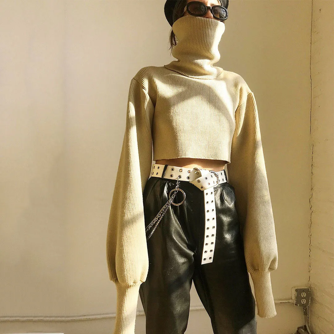 High-collared Lantern Sleeve Crop Tops Sweaters