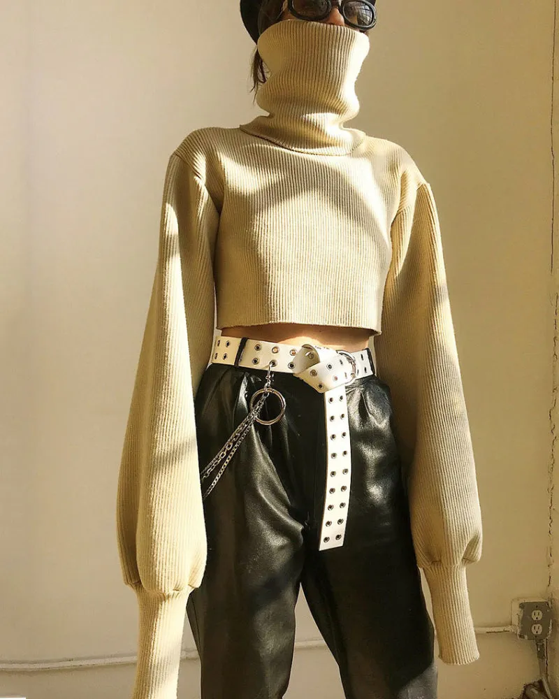 High-collared Lantern Sleeve Crop Tops Sweaters