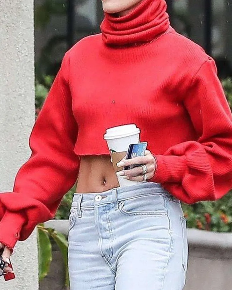 High-collared Lantern Sleeve Crop Tops Sweaters
