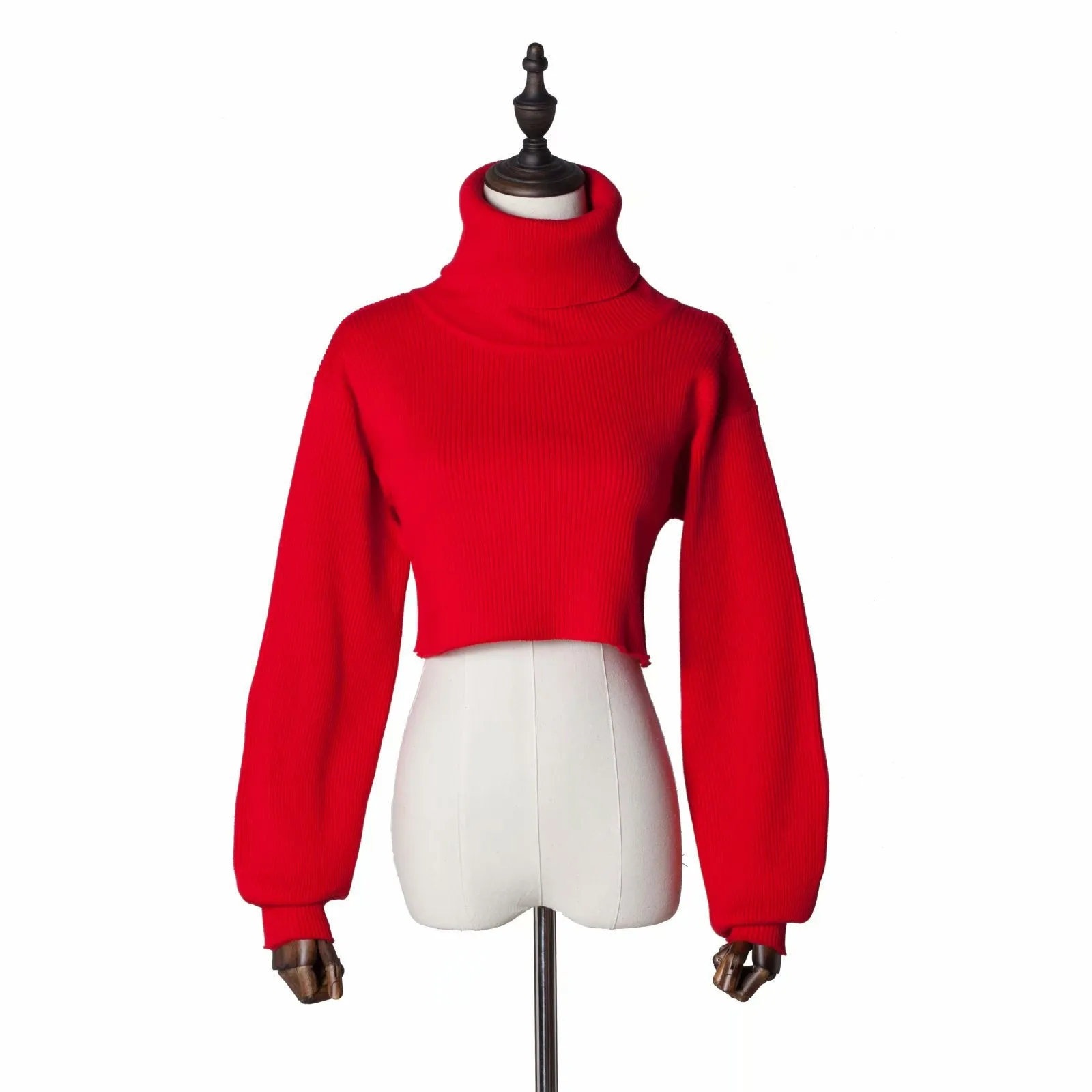 High-collared Lantern Sleeve Crop Tops Sweaters