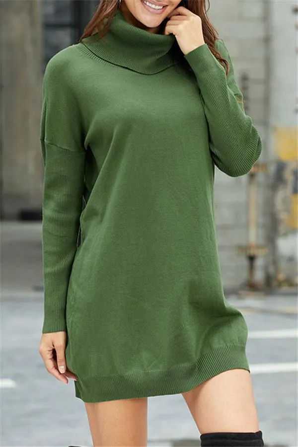 High Neck Belt Sweater Dress