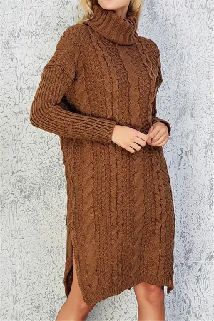 High Neck Cable Knit Slit Sweater Dress