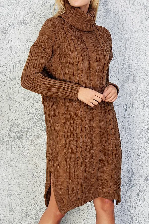 High Neck Cable Knit Slit Sweater Dress
