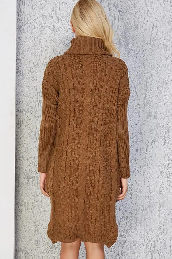 High Neck Cable Knit Slit Sweater Dress