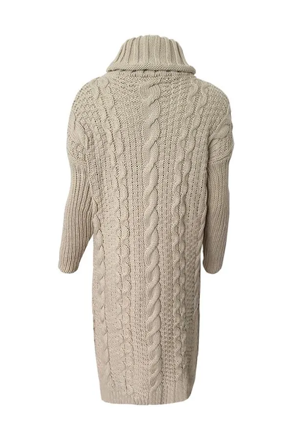 High Neck Cable Knit Slit Sweater Dress