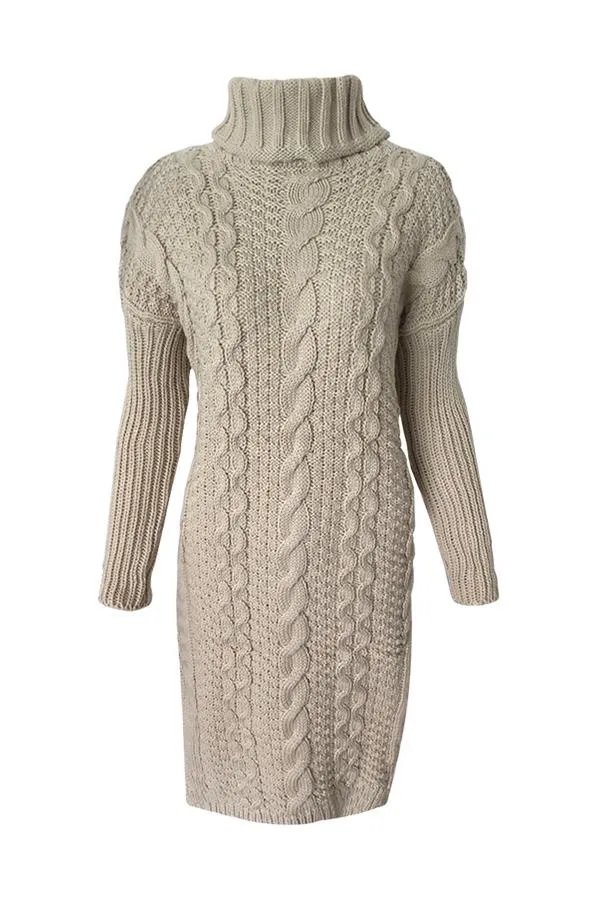 High Neck Cable Knit Slit Sweater Dress