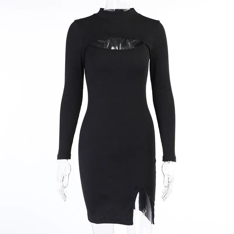 Hollow-out Round Neck Slit Leg Sweater Midi Bodycon Mini Dresses
