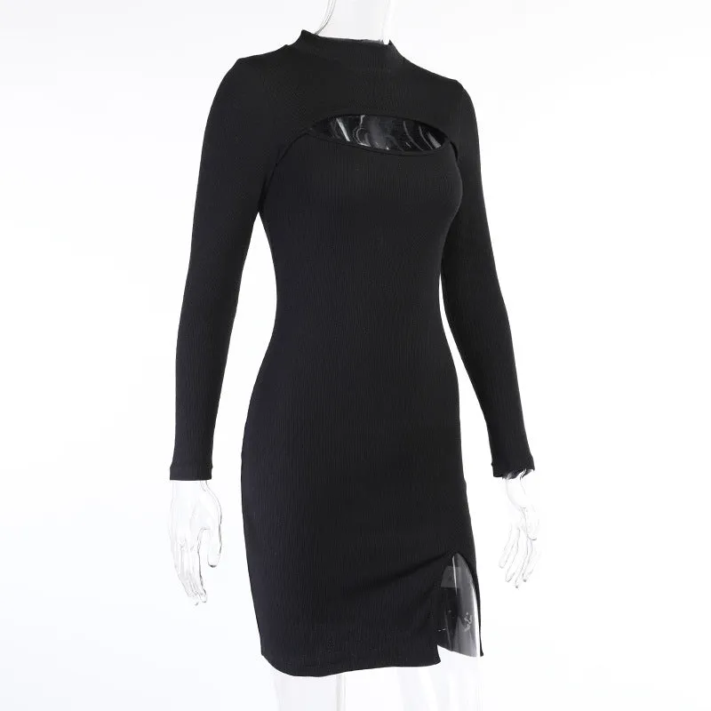 Hollow-out Round Neck Slit Leg Sweater Midi Bodycon Mini Dresses