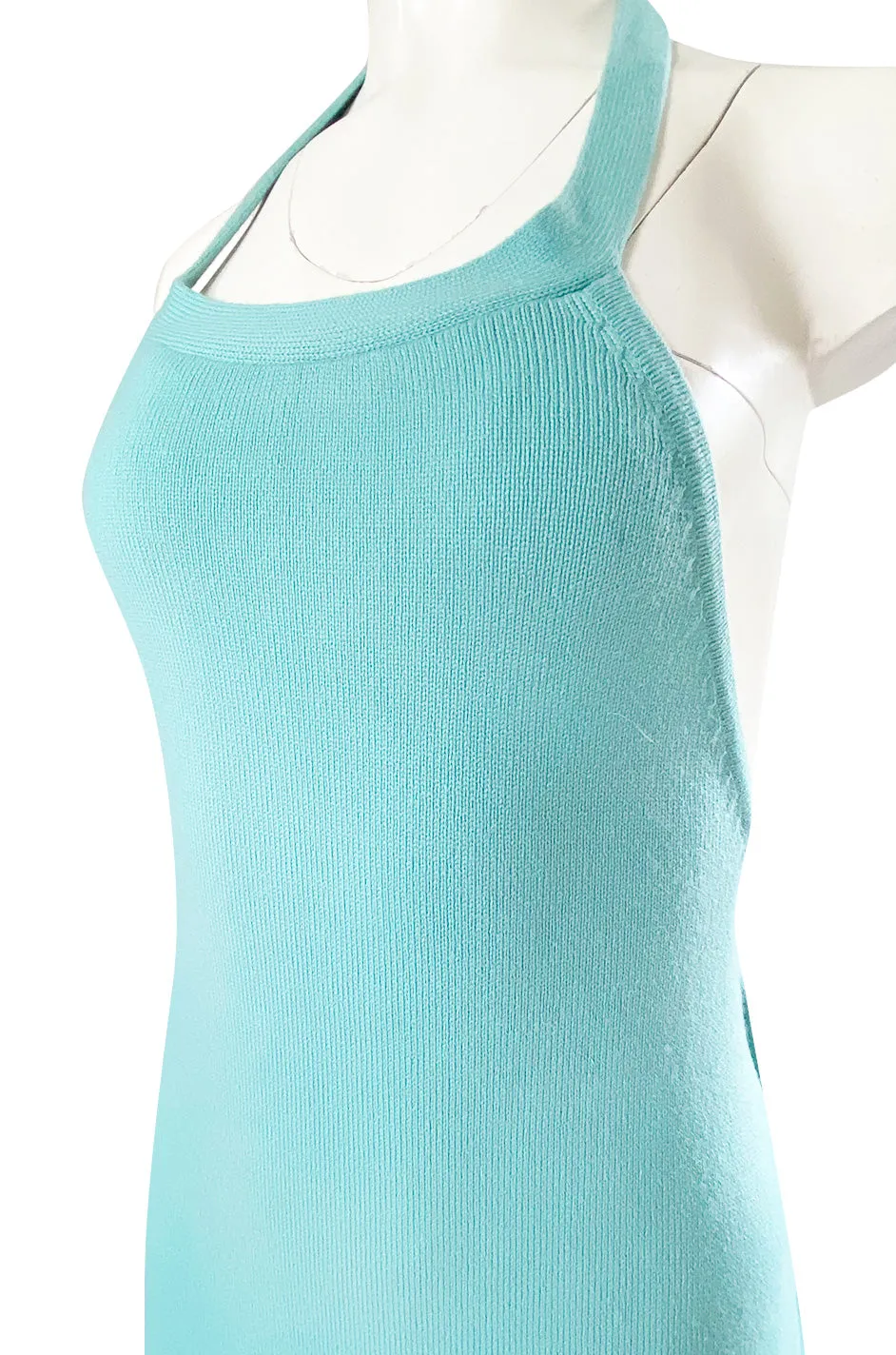 Important 1974 Halston Turquoise Cashmere Extremely Low Back Halter Dress