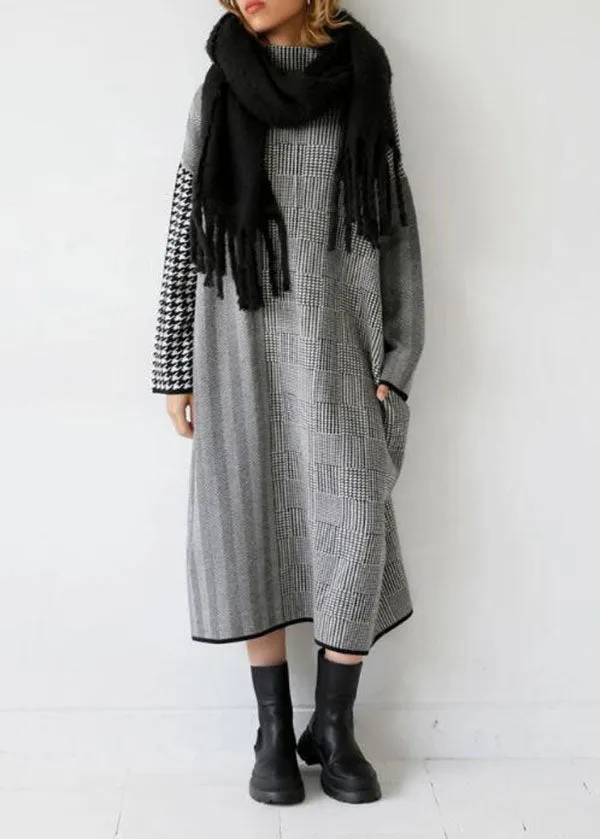Italian Grey Plaid Hign Neck Patchwork Long Knit Dress Fall