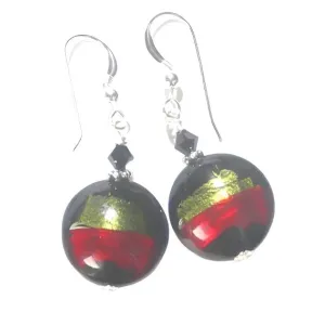Italian Murano Glass Olive Green Red Black Silver Earrings