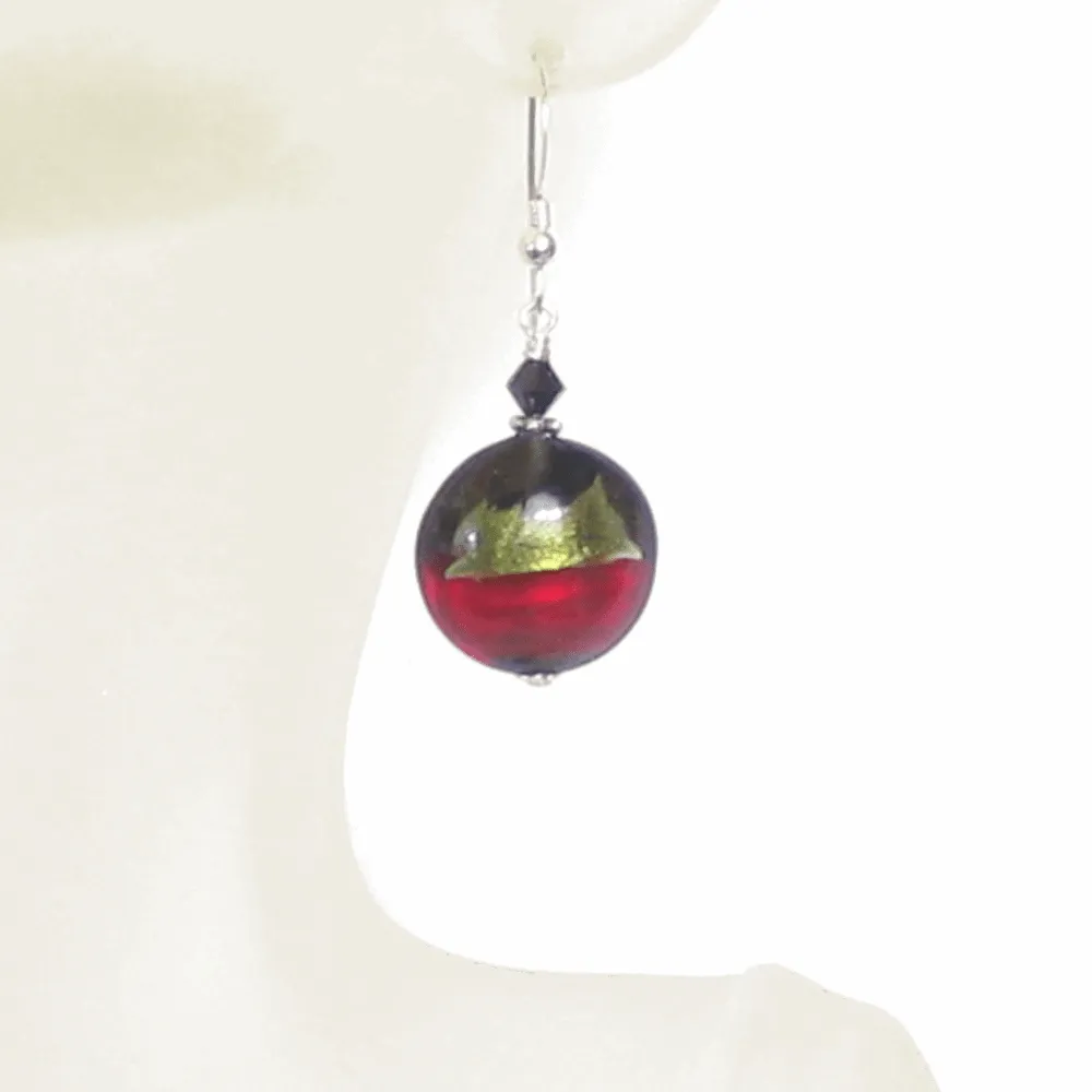 Italian Murano Glass Olive Green Red Black Silver Earrings