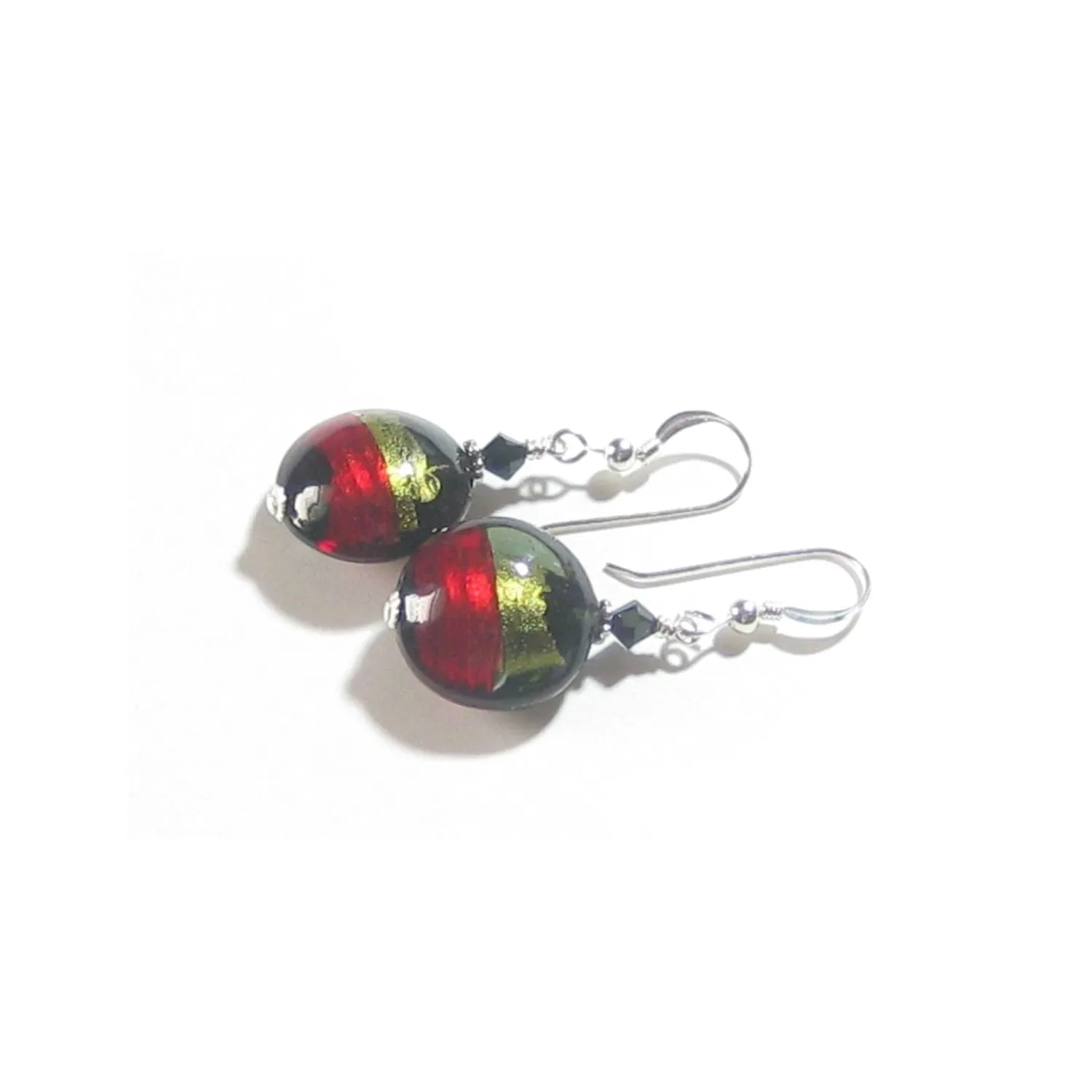 Italian Murano Glass Olive Green Red Black Silver Earrings