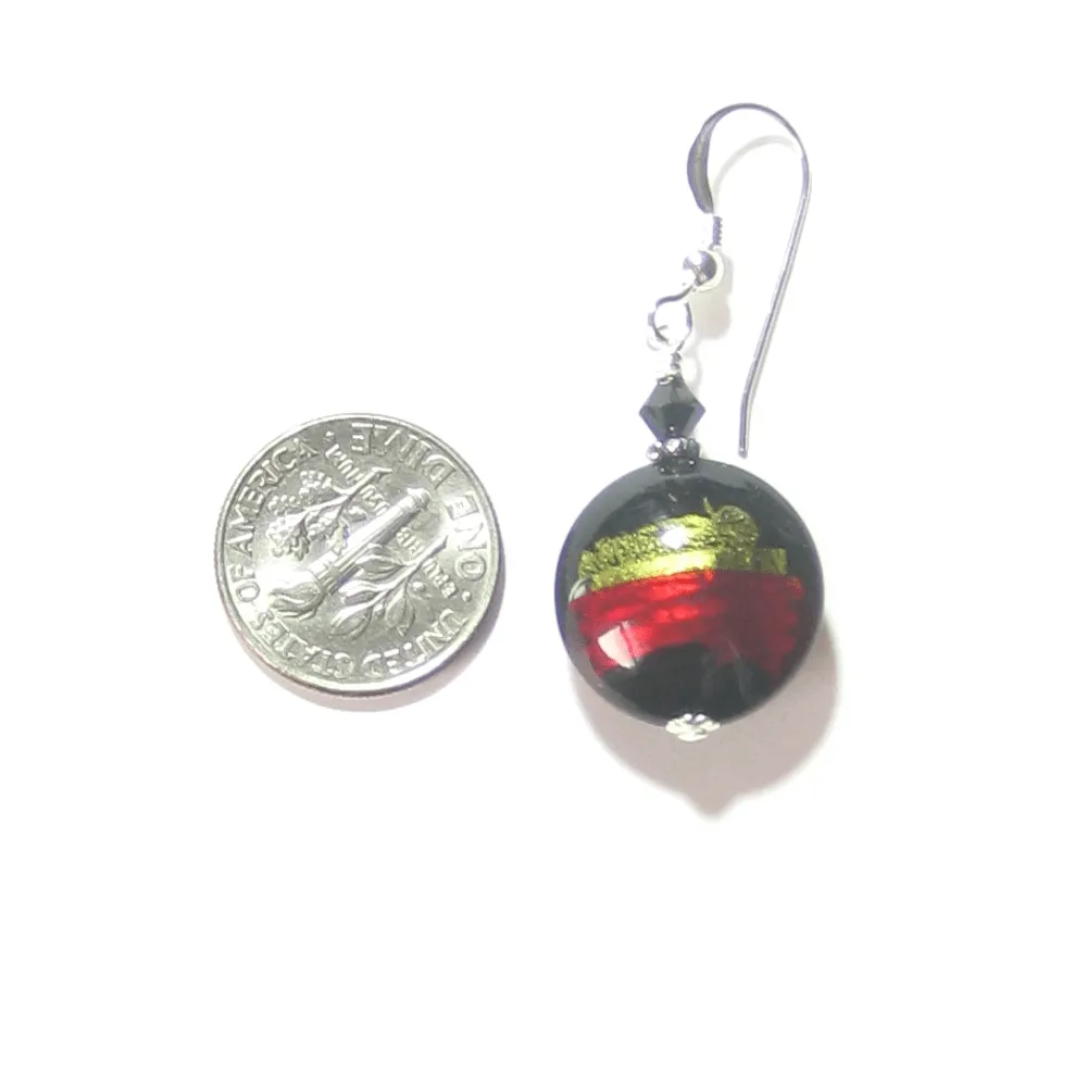 Italian Murano Glass Olive Green Red Black Silver Earrings