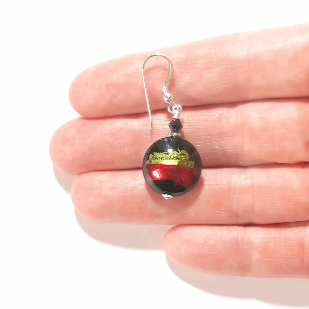 Italian Murano Glass Olive Green Red Black Silver Earrings