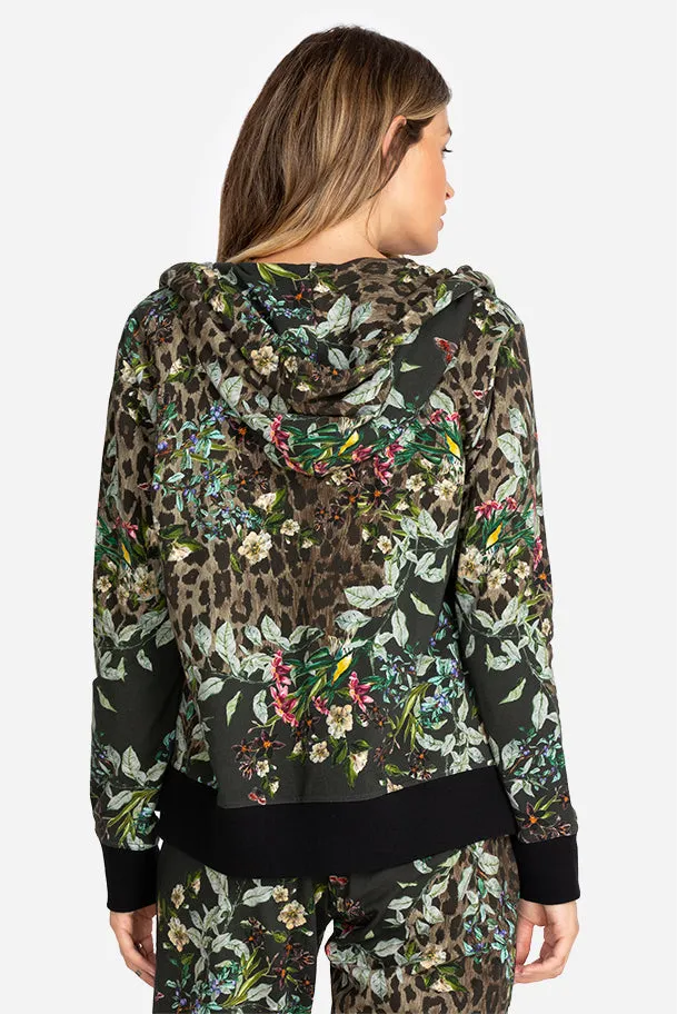 Johnny Was Ash Bird Leopard Cotton Zip Up Jacket Hoodie Sweatshirt Black Top NEW