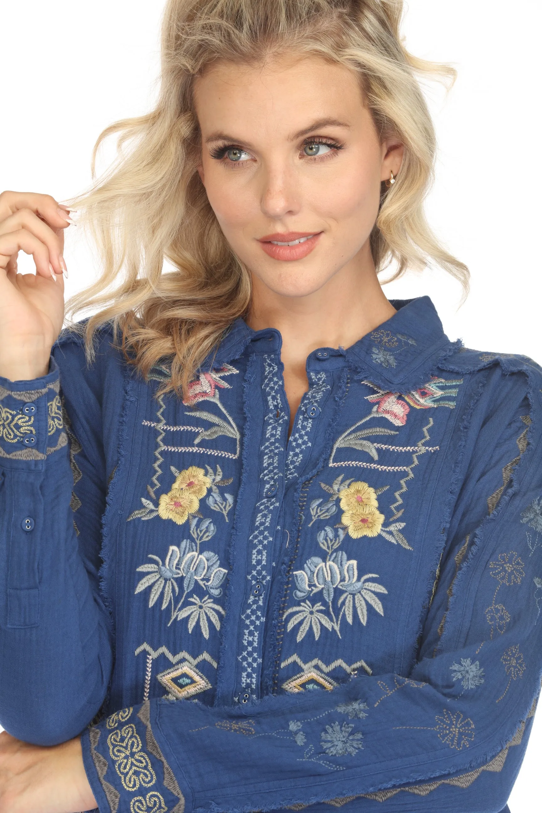 Johnny Was Biya Leyla Embroidered Button-Down Blouse B13324 Boho Chic
