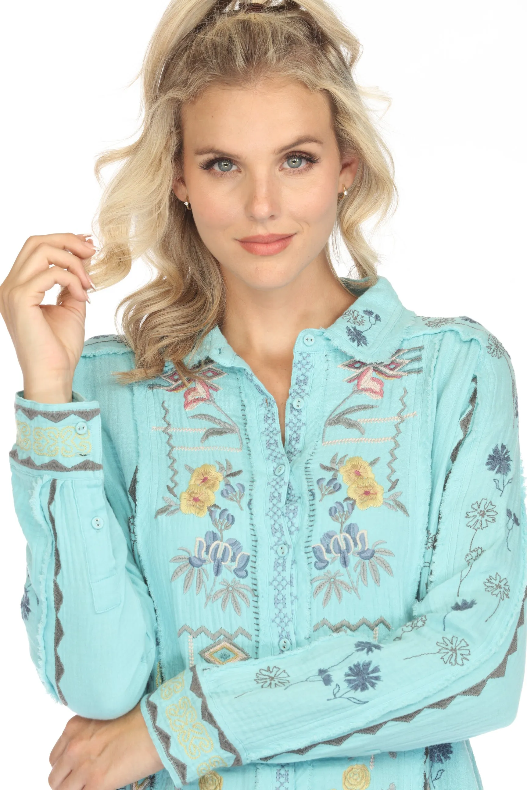 Johnny Was Biya Leyla Embroidered Button-Down Blouse B13324 Boho Chic