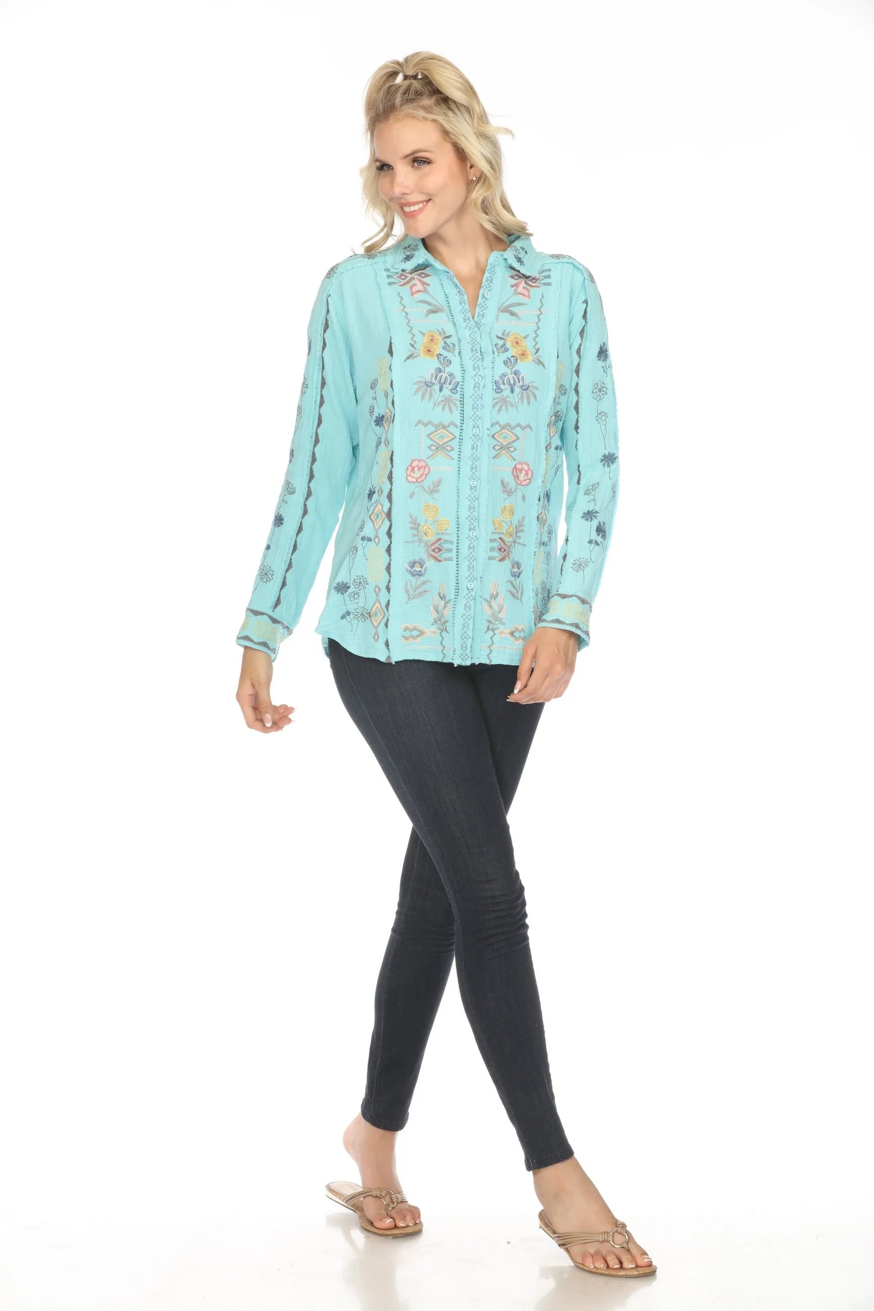 Johnny Was Biya Leyla Embroidered Button-Down Blouse B13324 Boho Chic