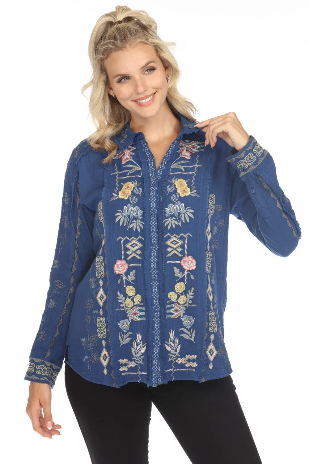 Johnny Was Biya Leyla Embroidered Button-Down Blouse B13324 Boho Chic