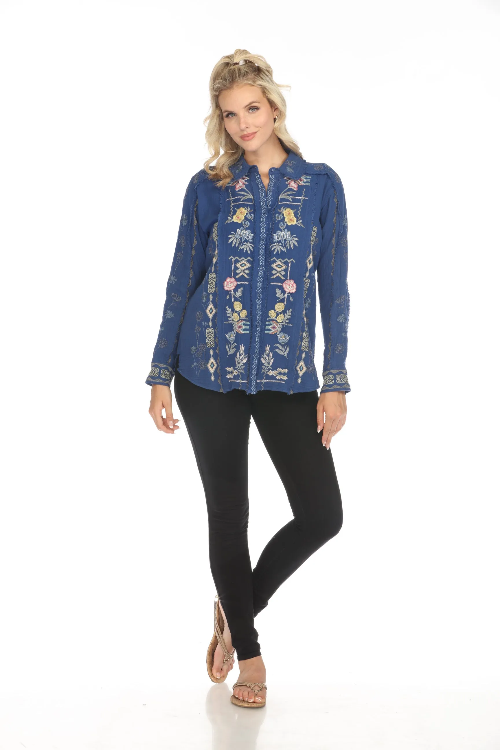 Johnny Was Biya Leyla Embroidered Button-Down Blouse B13324 Boho Chic