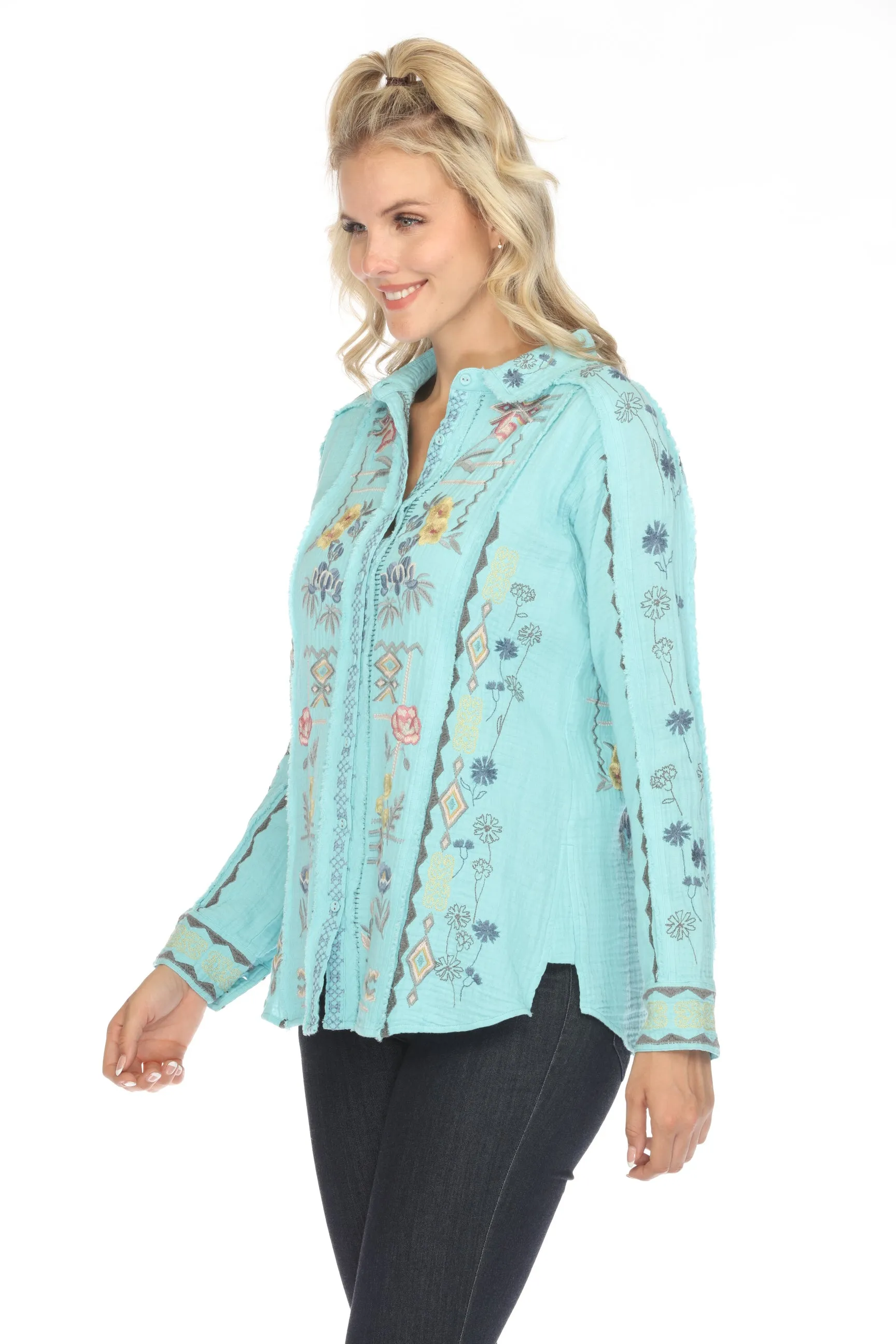 Johnny Was Biya Leyla Embroidered Button-Down Blouse B13324 Boho Chic