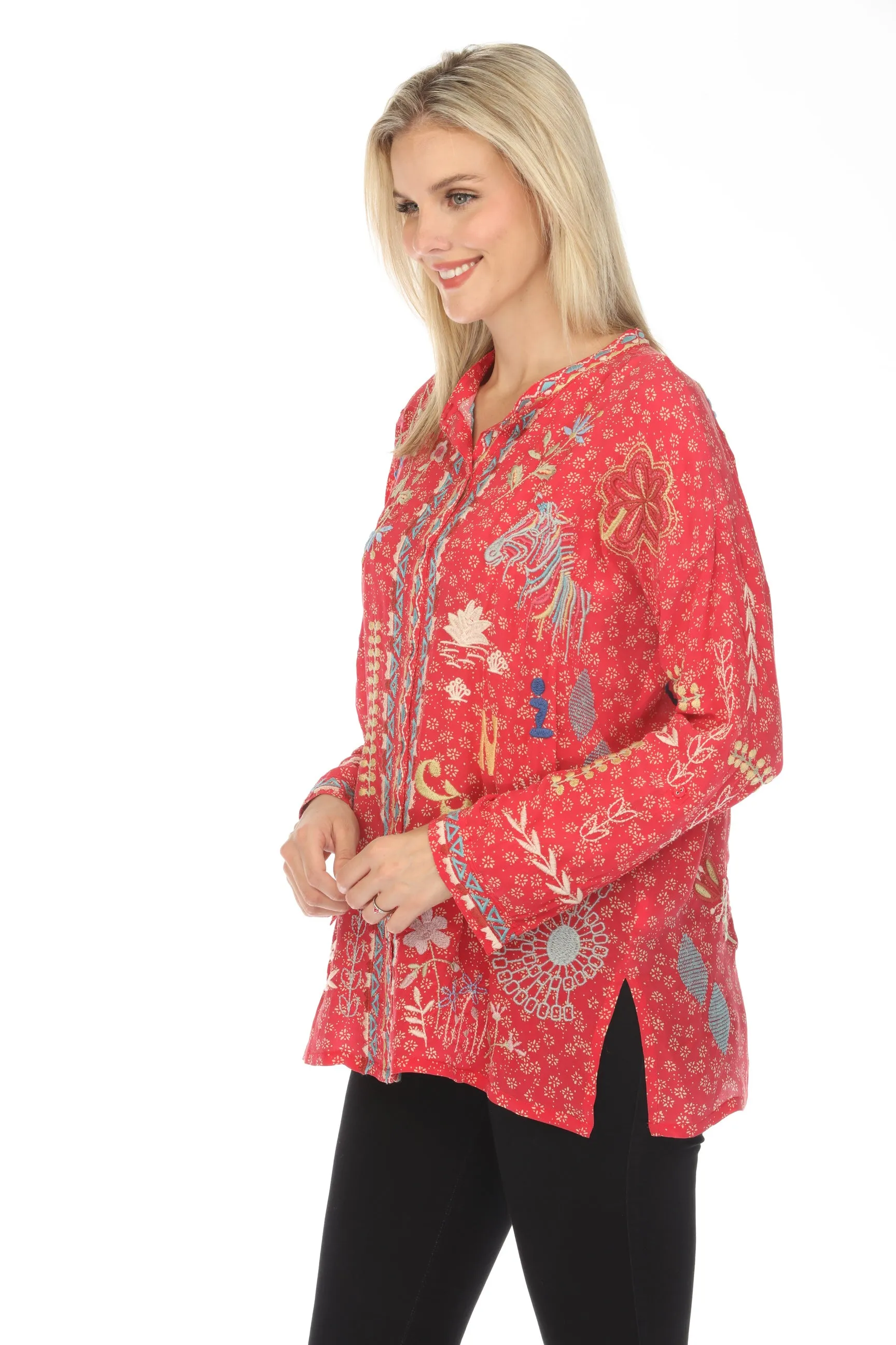 Johnny Was Biya Oanna Silk Embroidered Blouse Boho Chic B13024A1