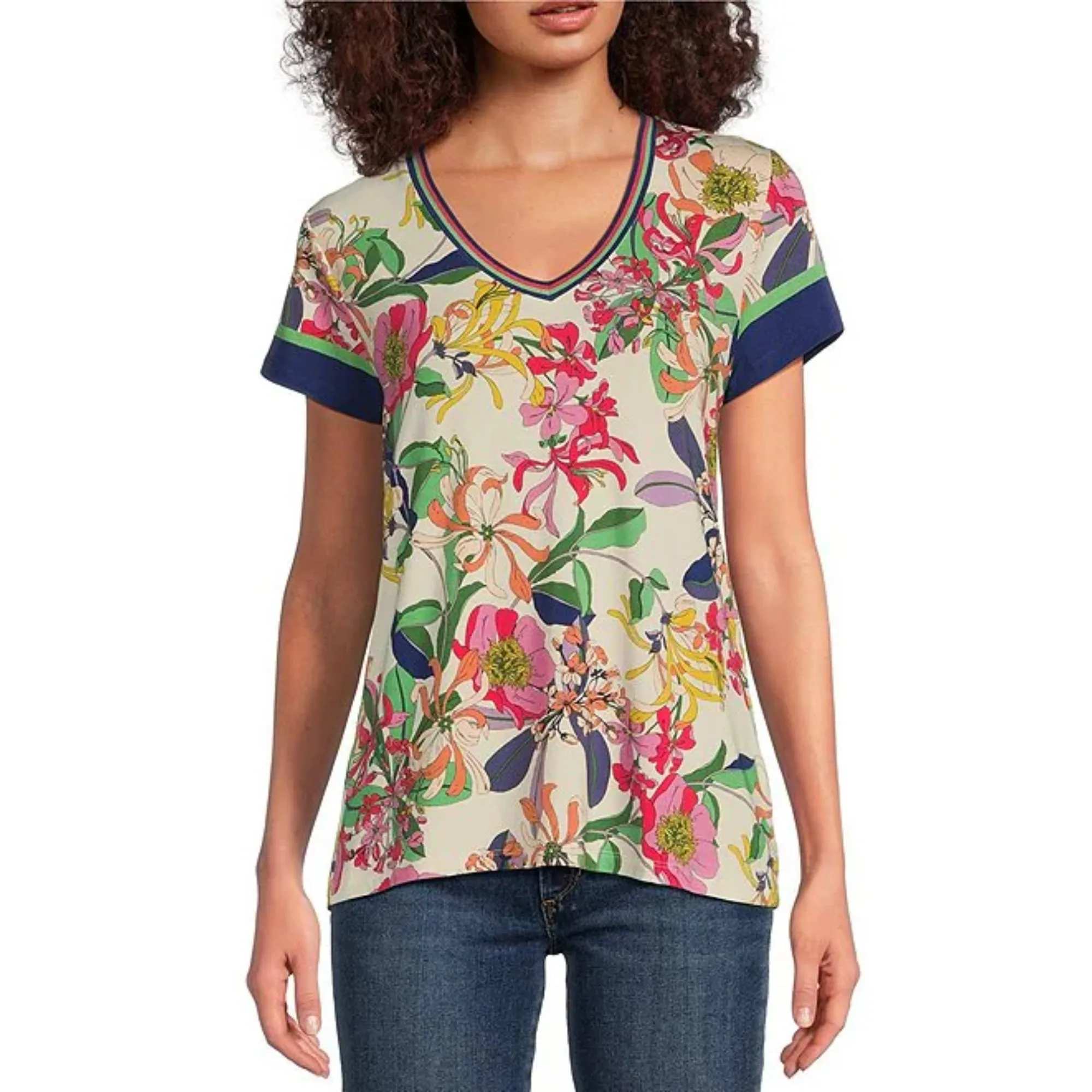 Johnny Was Janie Favorite Short Flowers Tee Aldrich Floral Shirt Top Cream NEW