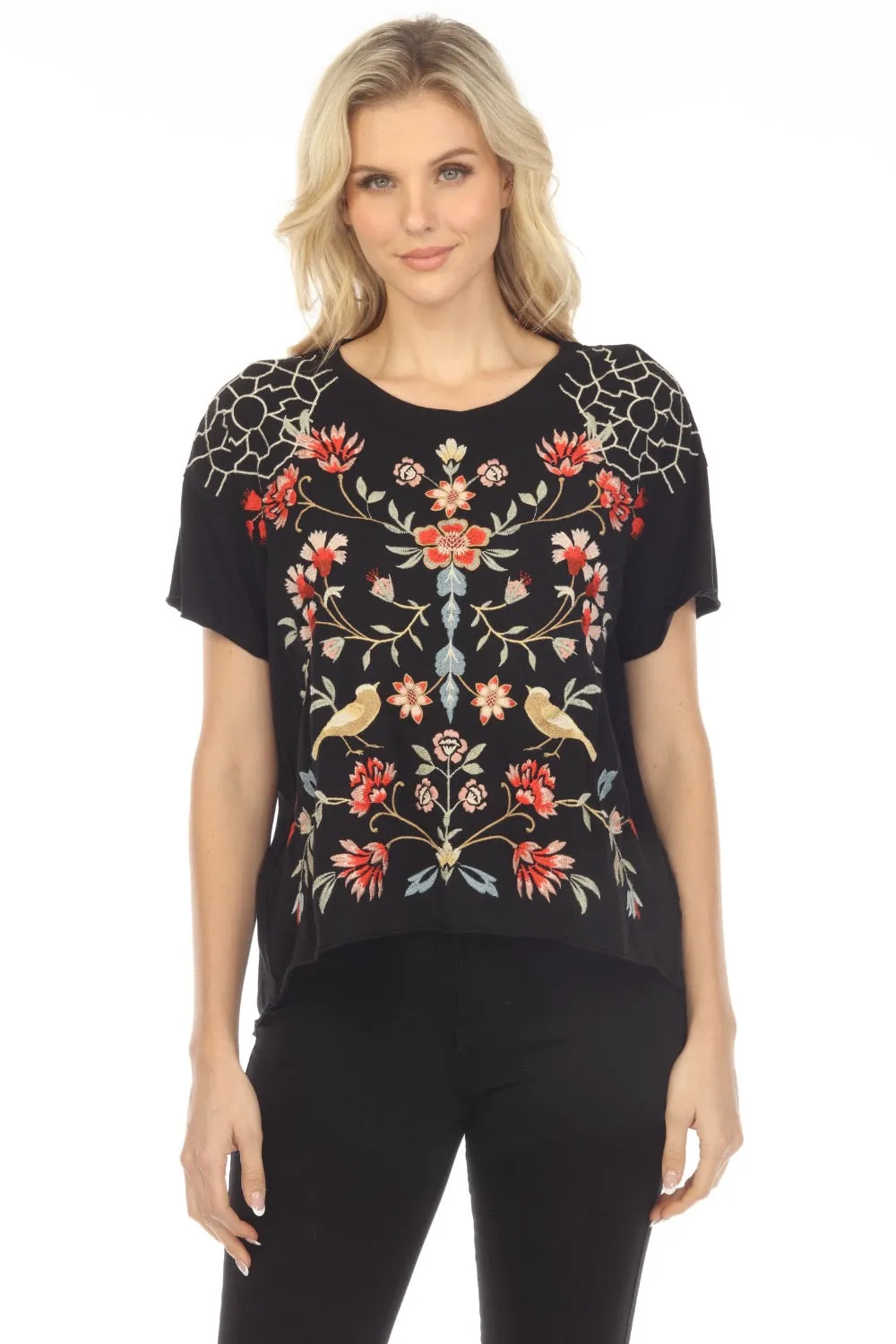 Johnny Was JWLA Clara Raw Detail Embroidered Swing Tee Boho Chic J19423 *