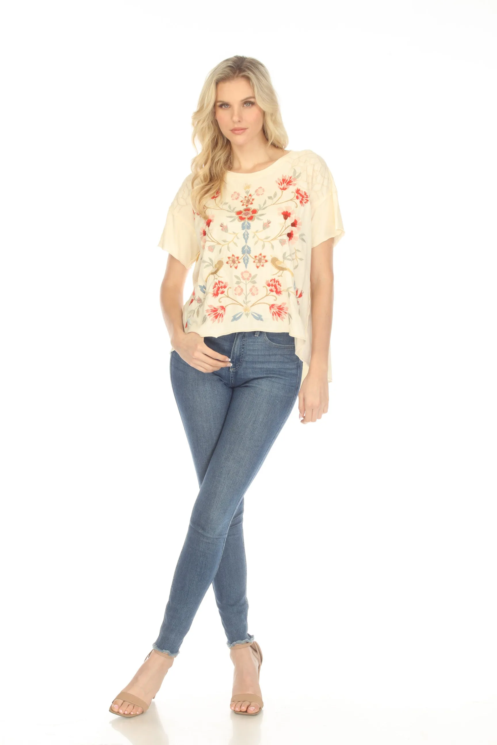 Johnny Was JWLA Clara Raw Detail Embroidered Swing Tee Boho Chic J19423 *