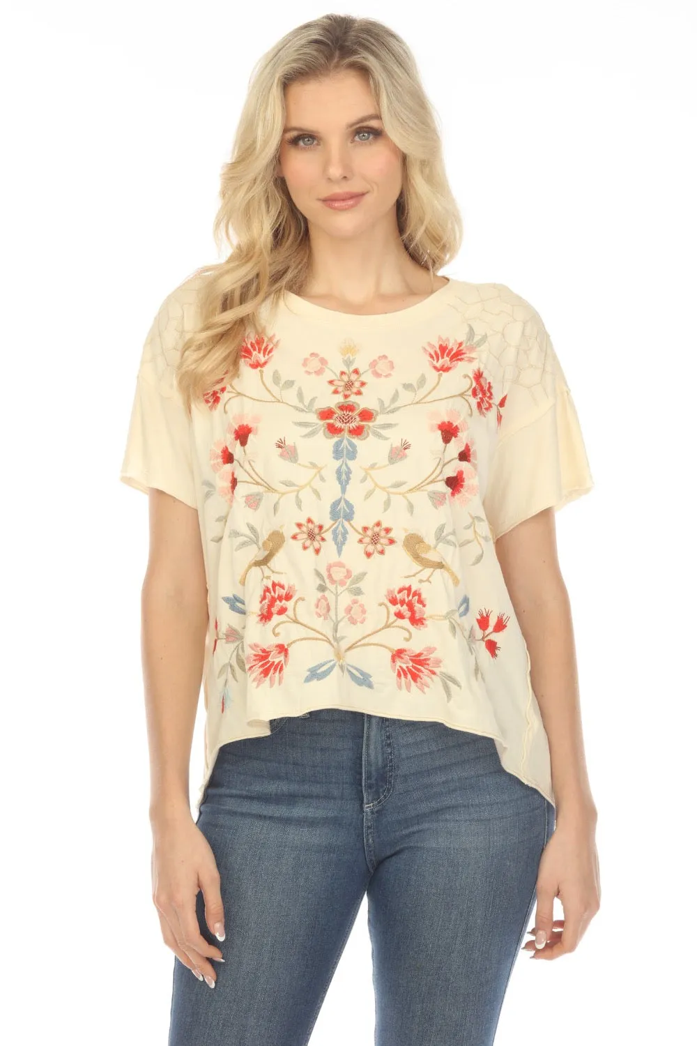 Johnny Was JWLA Clara Raw Detail Embroidered Swing Tee Boho Chic J19423 *