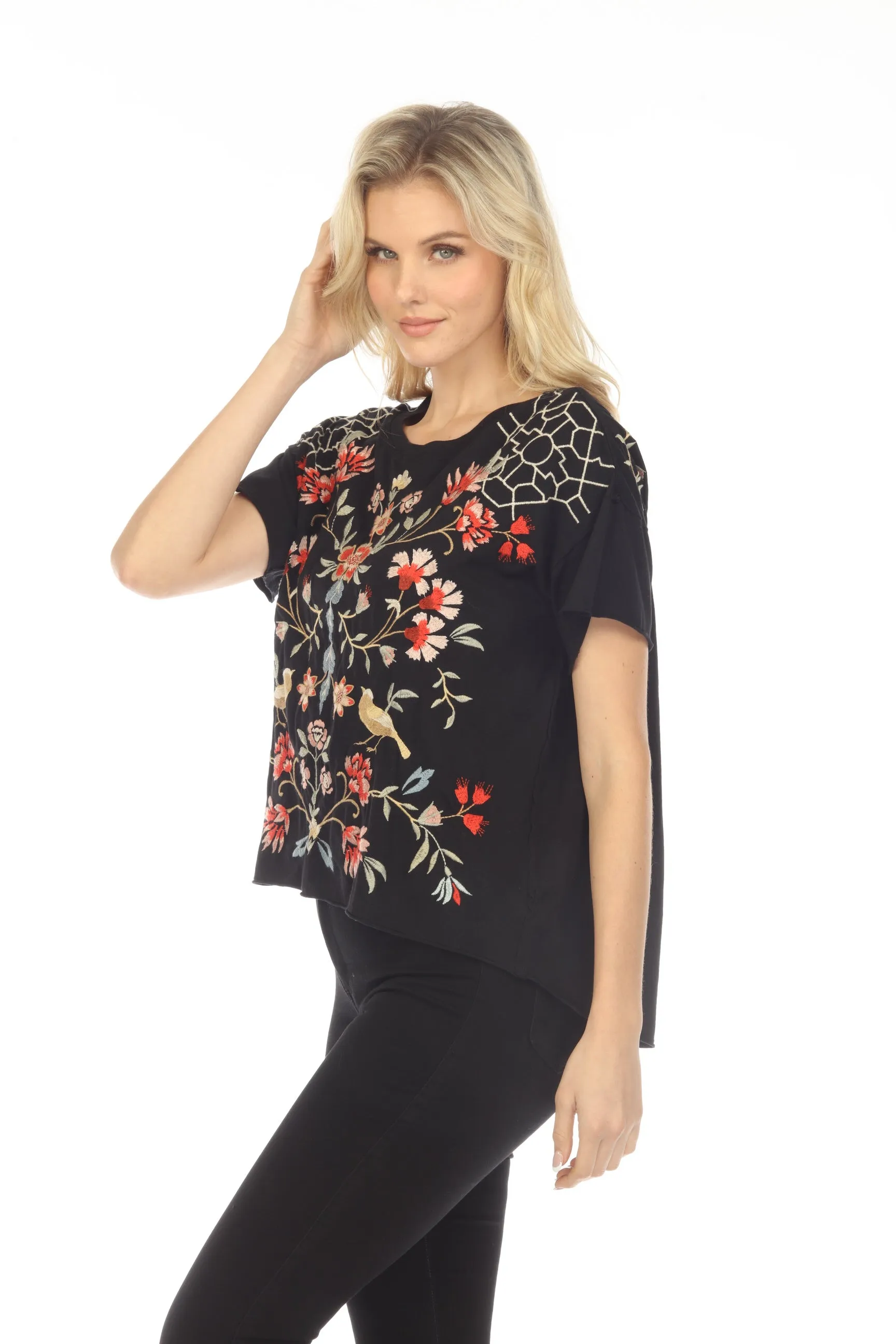 Johnny Was JWLA Clara Raw Detail Embroidered Swing Tee Boho Chic J19423 *