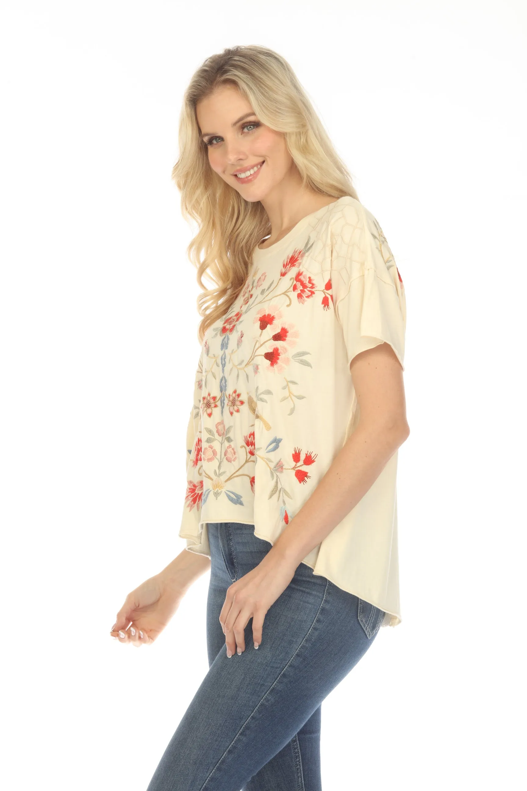 Johnny Was JWLA Clara Raw Detail Embroidered Swing Tee Boho Chic J19423 *