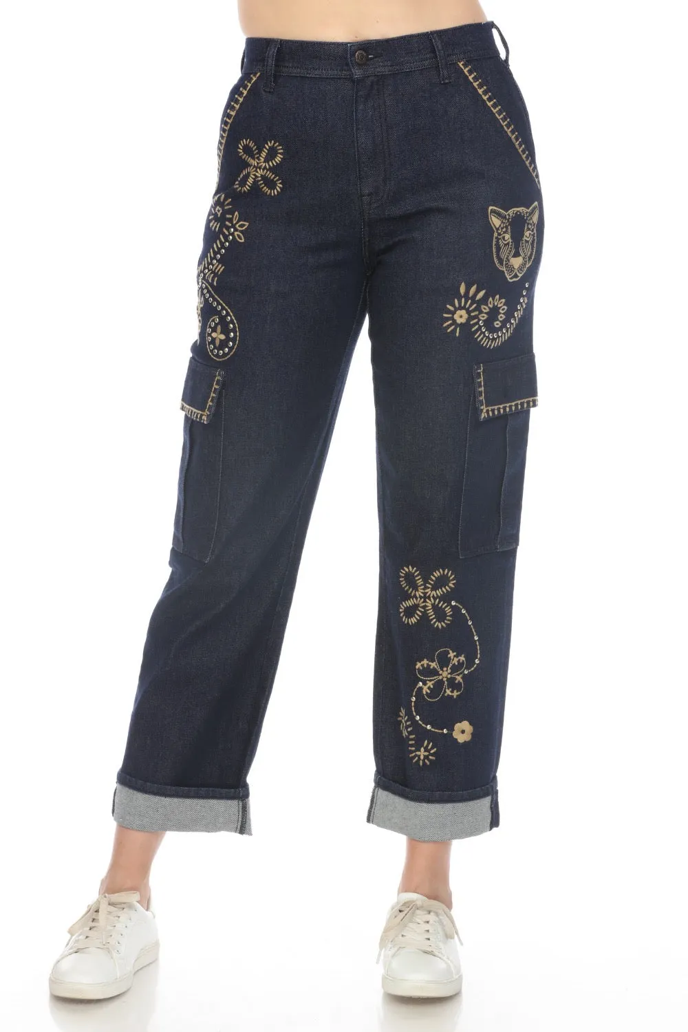 Johnny Was JWLA Denim Alex Embroidered Cargo Jeans Boho Chic JWD1108