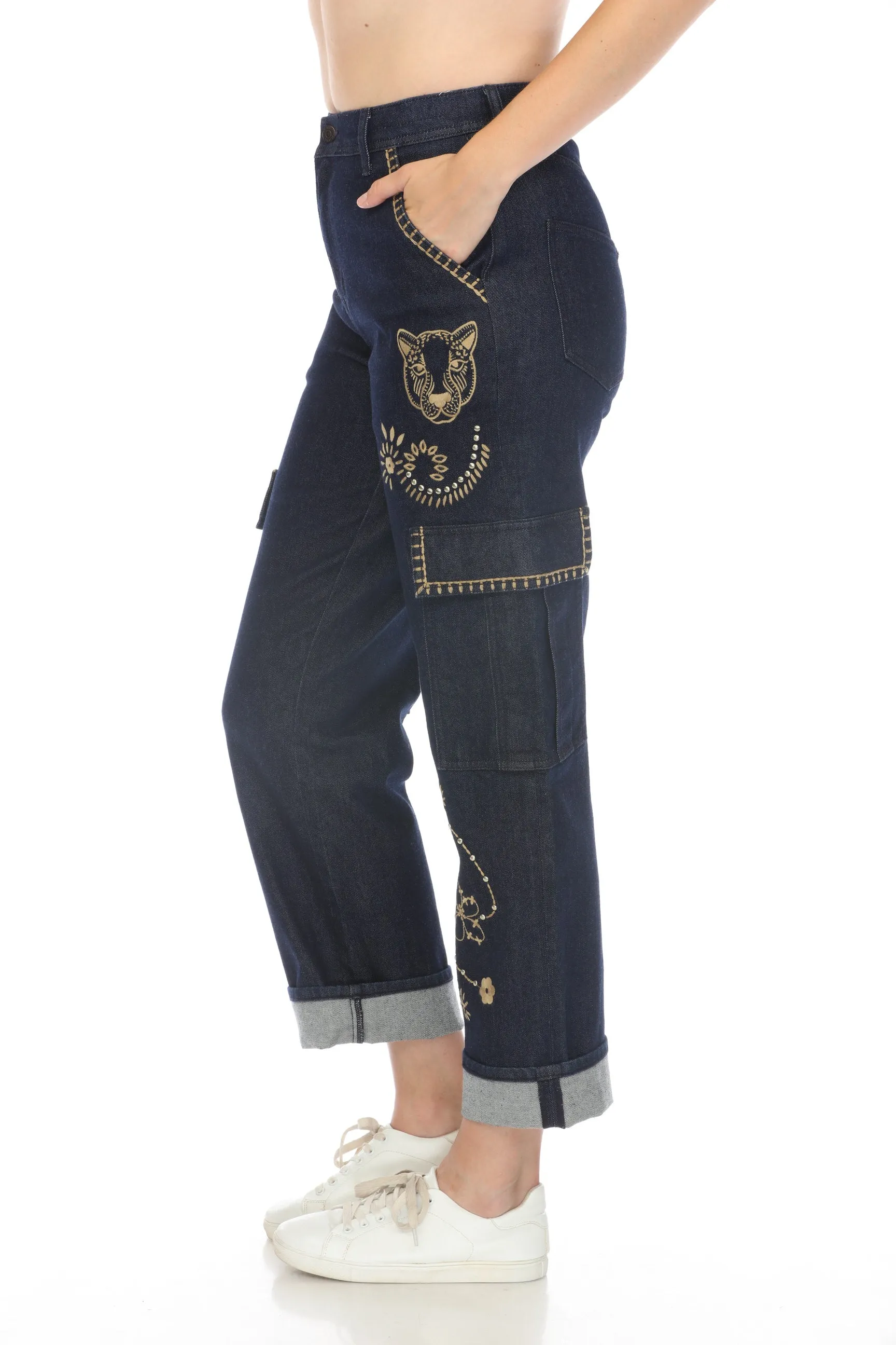 Johnny Was JWLA Denim Alex Embroidered Cargo Jeans Boho Chic JWD1108