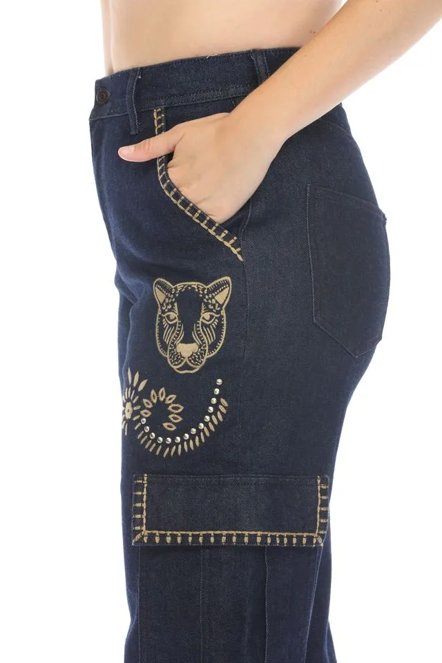 Johnny Was JWLA Denim Alex Embroidered Cargo Jeans Boho Chic JWD1108