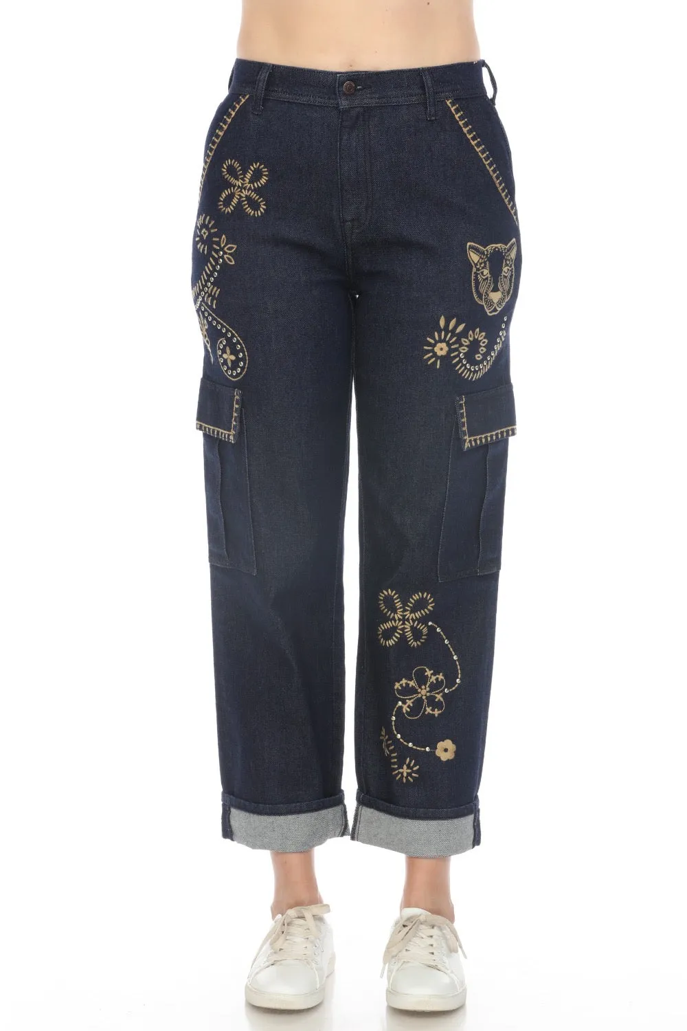 Johnny Was JWLA Denim Alex Embroidered Cargo Jeans Boho Chic JWD1108