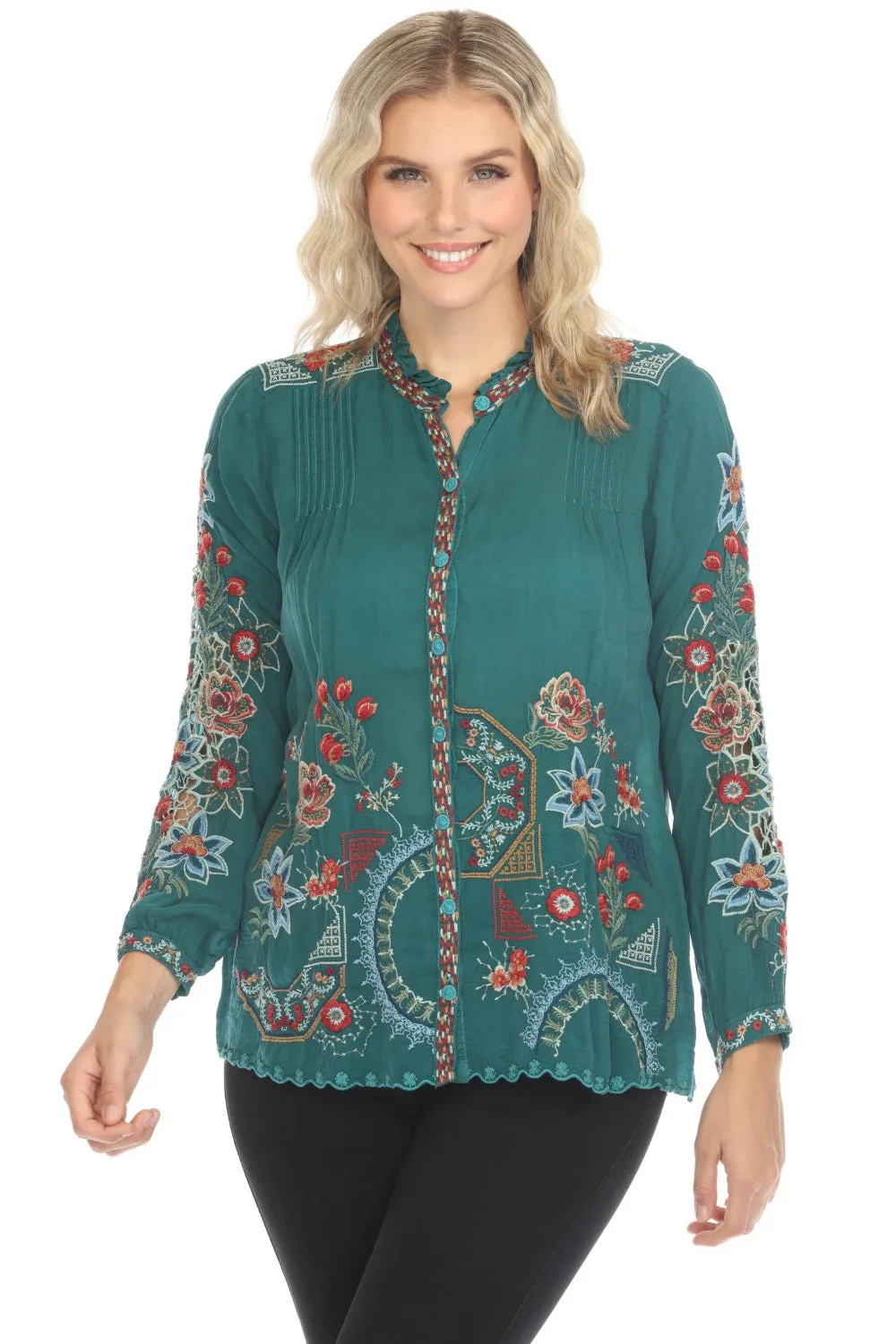 Johnny Was Ruelle Embroidered Button-Down Blouse C10624-O