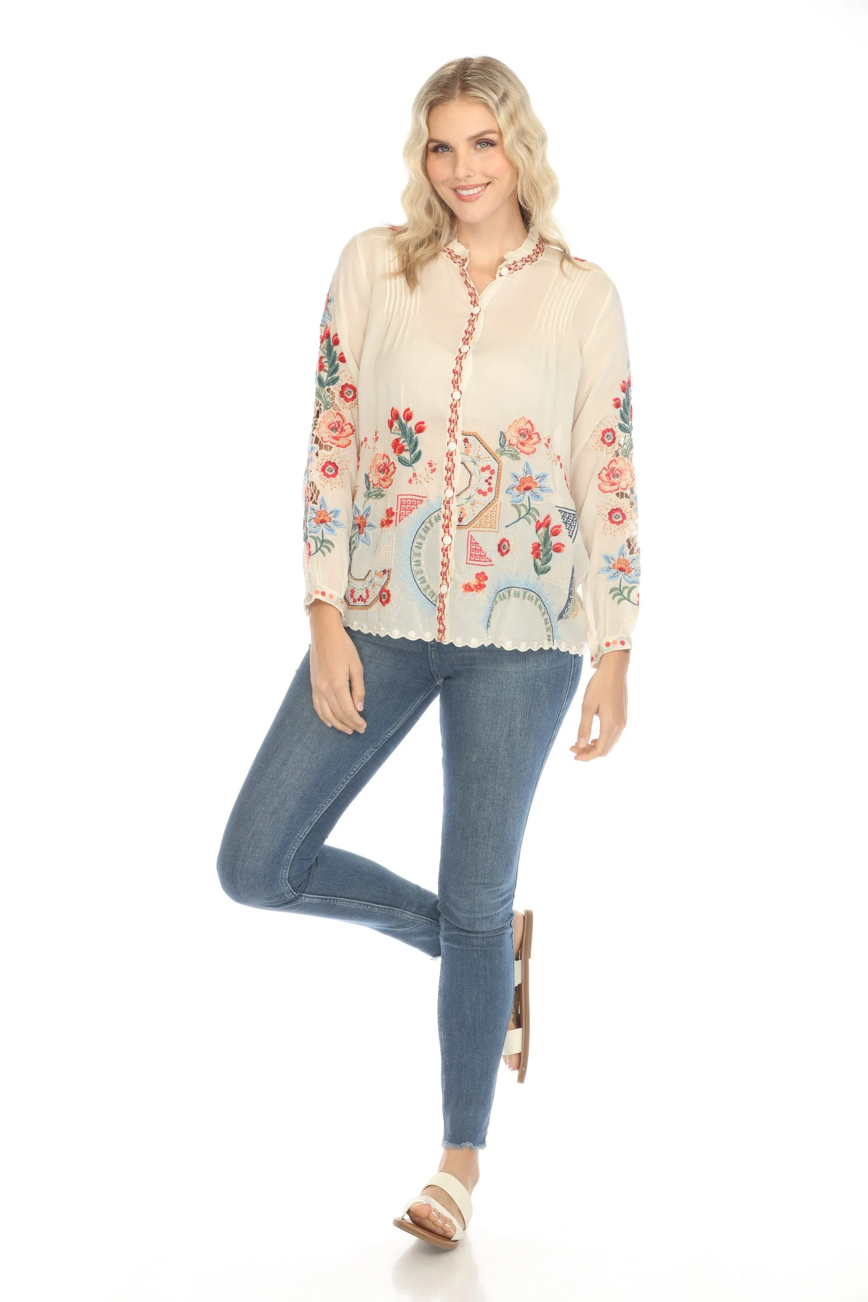 Johnny Was Ruelle Embroidered Button-Down Blouse C10624-O