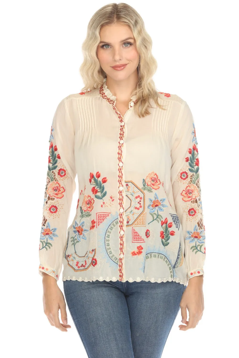 Johnny Was Ruelle Embroidered Button-Down Blouse C10624-O